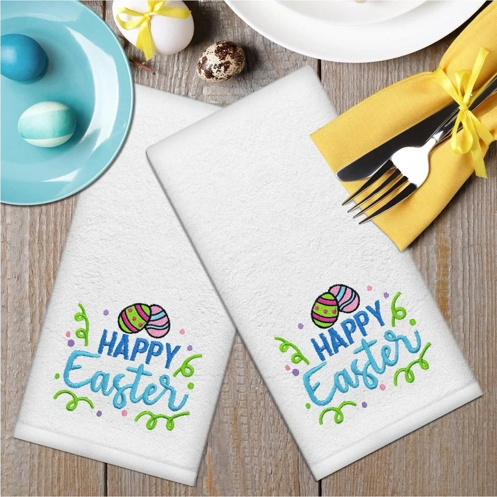 Happy Easter Embroidered White Hand Towels Set of 2